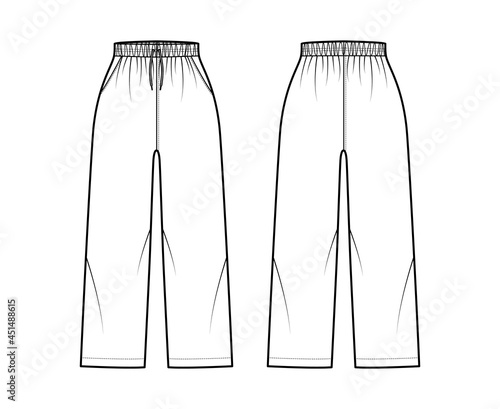 Pull-On Pants Sport training shorts technical fashion illustration with elastic normal waist, high rise, drawstrings, ankle length. Flat bottom template front, back, white color. Women men unisex CAD