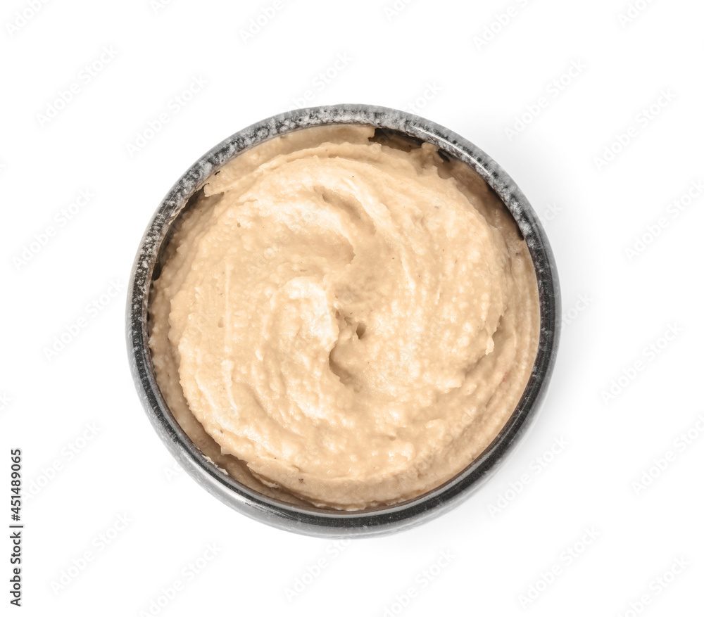 Bowl with tasty hummus on white background Bowl with tasty hummus on white background