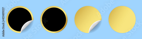 Set of golden and black realistic round sticker with curved corner mockup