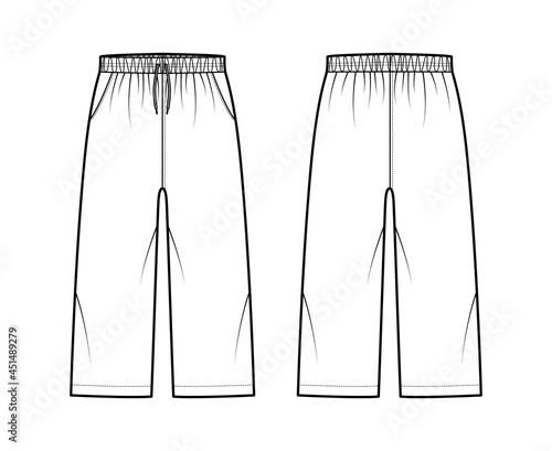 Bermuda shorts Activewear technical fashion illustration with elastic low waist, rise, drawstrings, Relaxed fit, calf length. Flat bottom apparel template front, back white color. Women men CAD mockup