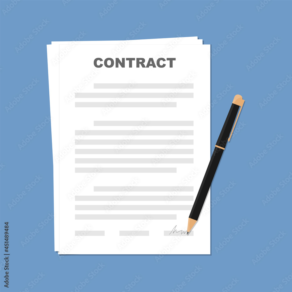 Signing contract. The concept of concluding an agreement in writing. Sheets of paper and pen. Vector flat illustration. Signing contract. The concept of concluding an agreement in writing. Sheets of paper and pen. Vector flat illustration.