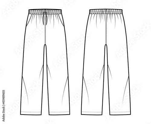 Pull-On Pants Sport training shorts technical fashion illustration with elastic, drawstrings, pockets, ankle length. Flat bottom apparel template front, back, white color. Women men unisex CAD mockup