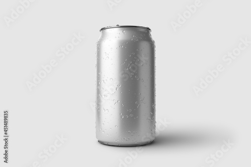 350ml Energy drink soda can mockup template with water droplets, isolated on light grey background. High resolution. photo