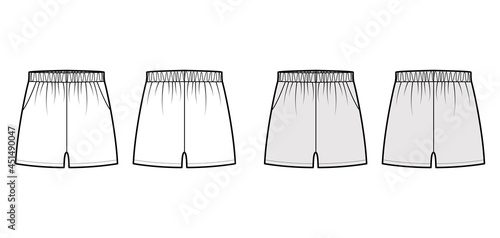 Sport training shorts Activewear technical fashion illustration with elastic low waist, rise, pockets, micro length. Flat bottom apparel template front, back, white grey color. Women men unisex mockup