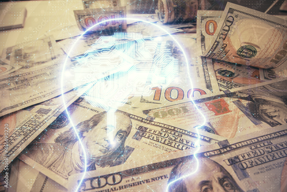 Double exposure of brain drawing over us dollars bill background. Technology concept. Double exposure of brain drawing over us dollars bill background. Technology concept.