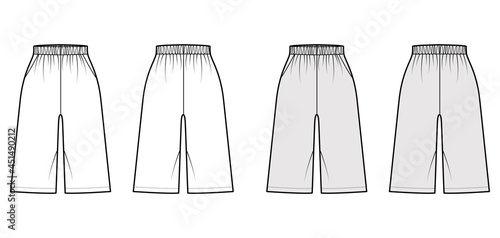 Bermuda Pocket Short technical fashion illustration with elastic normal low waist, high rise, Relaxed fit, knee length. Flat bottom template front, back, white grey color. Women men unisex CAD mockup