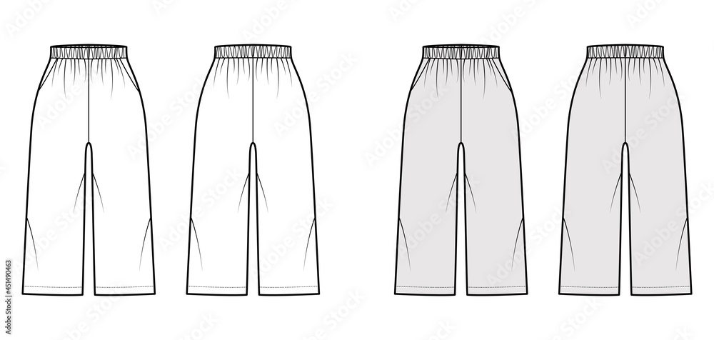 Bermuda shorts Activewear technical fashion illustration with elastic normal waist, pockets, Relaxed fit, calf length. Flat bottom template front, back, white grey color. Women men unisex CAD mockup Bermuda shorts Activewear technical fashion illustration with elastic normal waist, pockets, Relaxed fit, calf length. Flat bottom template front, back, white grey color. Women men unisex CAD mockup
