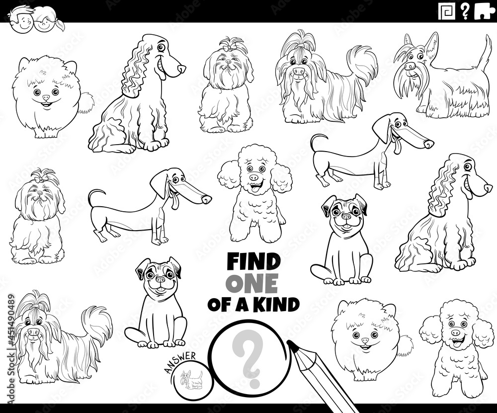 one of a kind game with dog breeds coloring book page