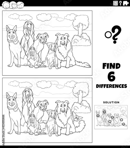 differences game with comic purebred dogs color book page