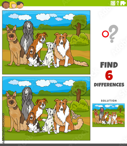 differences educational game with comic purebred dogs