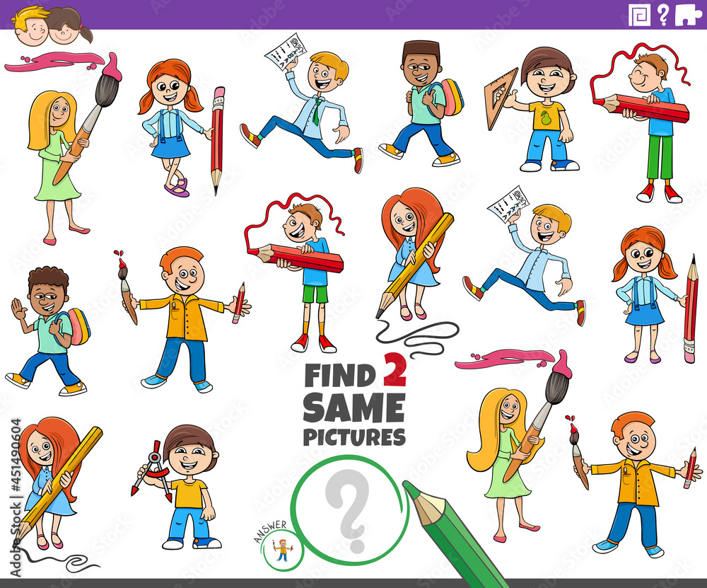 find two same cartoon school children educational task find two same cartoon school children educational task