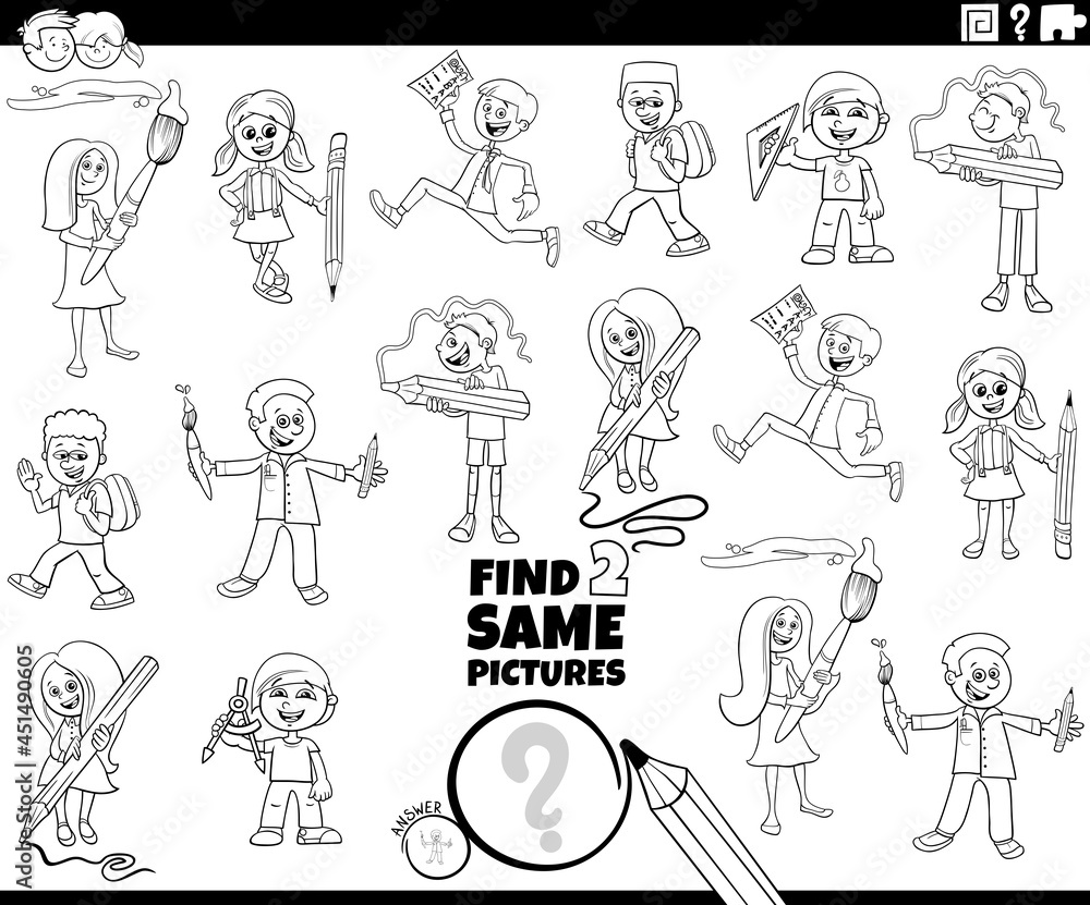 find two same school children task coloring book page