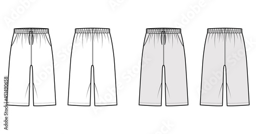 Bermuda Pocket Short technical fashion illustration with elastic low waist, rise, drawstrings, Relaxed fit, knee length. Flat bottom apparel front, back, white grey color. Women men unisex CAD mockup