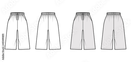 Bermuda Pocket Short technical fashion illustration with high rise, drawstrings, Relaxed fit, knee length. Flat bottom apparel template front, back, white grey color. Women men unisex CAD mockup