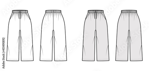 Bermuda shorts Activewear technical fashion illustration with high rise, drawstrings, pockets, Relaxed, calf length. Flat bottom apparel template front, back, white grey color. Women men CAD mockup