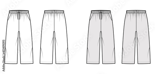 Bermuda shorts Activewear technical fashion illustration with low waist, rise, drawstrings, pockets, Relaxed fit, calf length. Flat bottom apparel template front, back, white grey color. Women men CAD