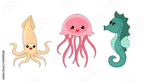 Collection of marine inhabitants in the cartoon style of children. Vector illustration with cartoon style.