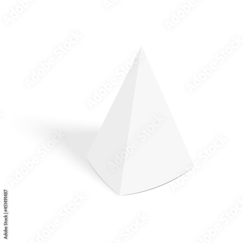 White pyramid tent card mockup. Paper or cardboard pyramidal display stand isolated on white background. Table talker template with shadow. Vector realistic illustration.
