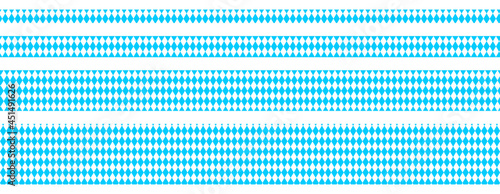 Set of Bavarian ribbons, borders or banners in traditional blue and white colors. Oktoberfest pattern with rhombus. Bavarian lozenge flag seamless background. Vector flat illustration. 