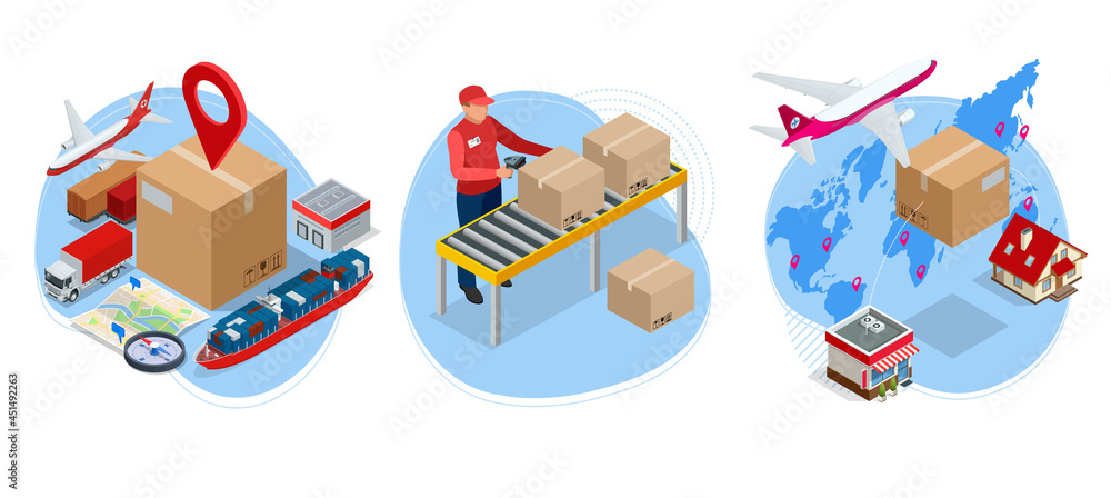 Isometric global logistics network. Air cargo, rail transportation, maritime shipping, warehouse, container ship, city skyline on the world map. Isometric global logistics network. Air cargo, rail transportation, maritime shipping, warehouse, container ship, city skyline on the world map.