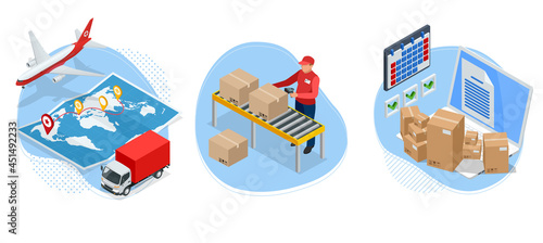 Isometric global logistics network. Air cargo, rail transportation, maritime shipping, warehouse, container ship, city skyline on the world map.