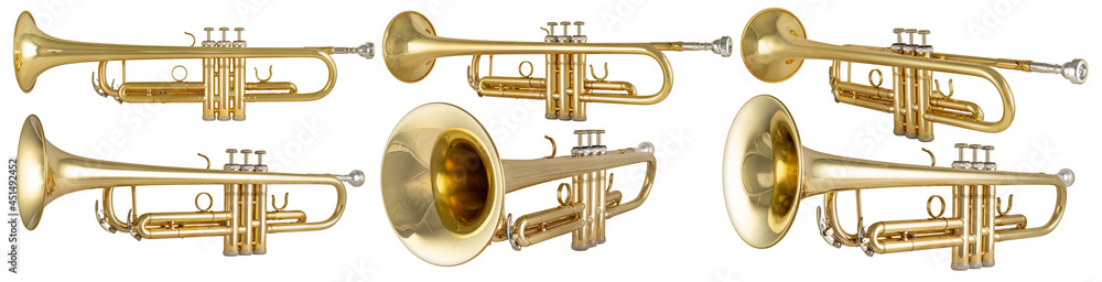 set collection of golden shiny metallic brass trumpet music instrument isolated white background. musical ntertainment band concept. - obrazy, fototapety, plakaty 