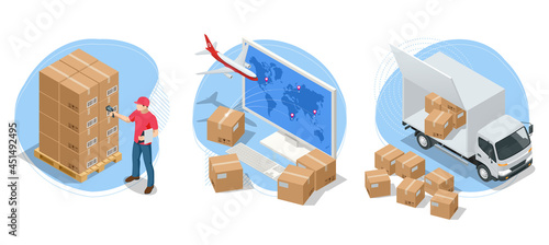 Isometric global logistics network. Air cargo, rail transportation, maritime shipping, warehouse, container ship, city skyline on the world map.