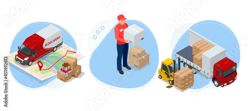 Isometric global logistics network. Air cargo, rail transportation, maritime shipping, warehouse, container ship, city skyline on the world map.