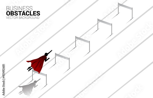 Silhouette businessman flying across hurdles obstacle. Concept of boost and move forward in business.