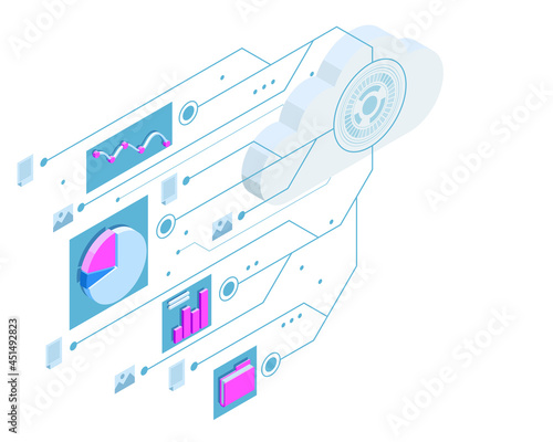 Isometric business analysis, Internet of things IoT, cloud network, research, strategy statistic, planning. Document Management System. Software for archiving, searching and managing corporate files