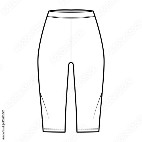 Bike shorts Leggings technical fashion illustration with natural waist, knee length. Flat sport training pants, casual knit trousers apparel template front, white color. Women, men unisex CAD mockup