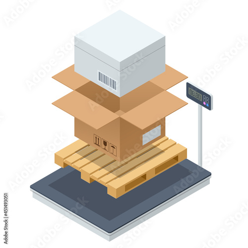 Warehouse scale with parcel. Scales for weighing heavy objects and goods. Box and cargo, package and freight, parcel and product, load packaging, order and import, logistic.