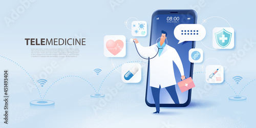 Telemedicine concept. Visiting doctor using online technology through smartphone with flat cartoon character of doctor walks out from a smartphone and medical icons. Vector illustration