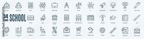 School Icons Set. Collection of linear simple web icons such as Math, Study, Calculator, Law, Briefcase, and other. Editable vector stroke.