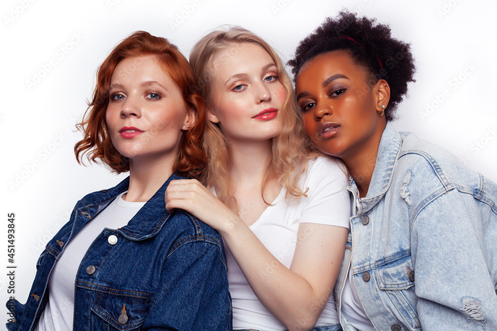 diverse multi nation girls group, teenage friends company cheerful having fun, happy smiling, cute posing isolated on white background, lifestyle people concept, african-american and caucasian