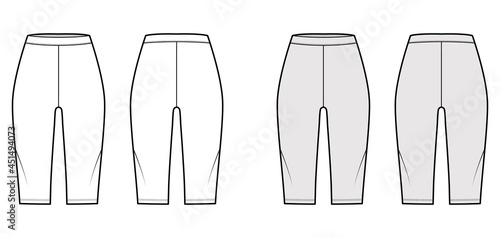 Bike shorts Leggings technical fashion illustration with natural waist, knee length. Flat sport training pants, trousers apparel template front, back, white, grey color. Women, men unisex CAD mockup