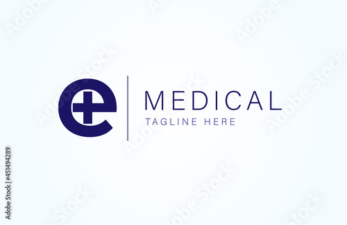 Medical logo. letter E with medical cross icon inside, flat  logo design template, vector illustration