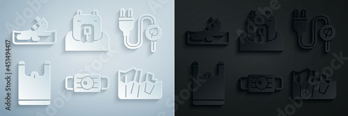 Set Medical protective mask, Electric saving plug in leaf, Plastic bag, Glacier melting, Polar bear head and Wrecked oil tanker ship icon. Vector