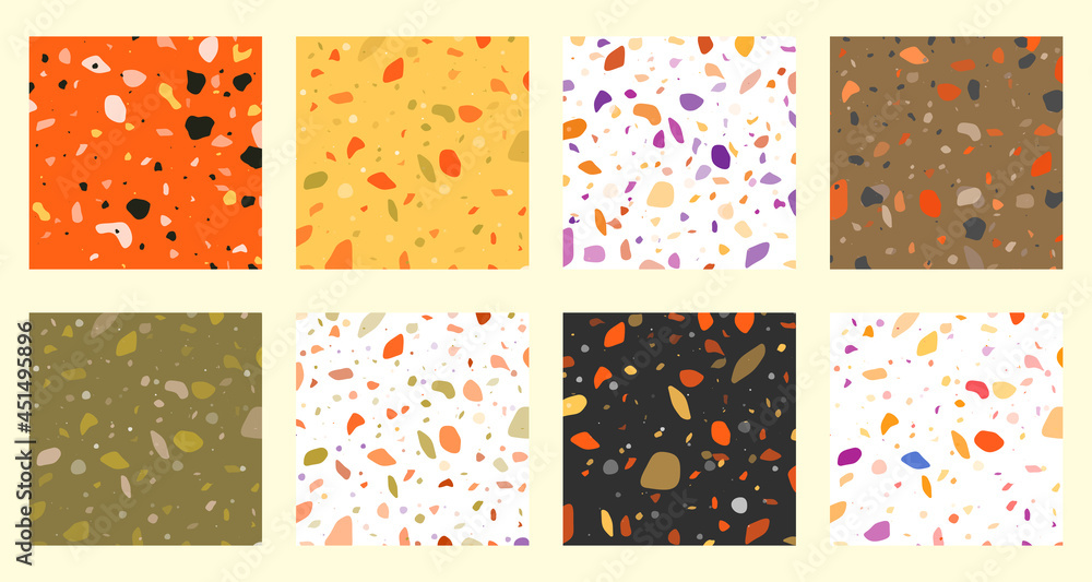 Set collection of colorful venetian terrazzo imitation seamless stone fragments pattern. Modern minimalistic trendy floor tile abstract background