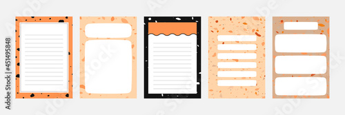 Set collection of colorful blank memo note letter file document diary book template layout with abstract terrazzo seamless pattern. Modern minimalistic trendy abstract background