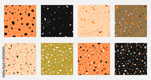 Set collection of colorful venetian terrazzo imitation seamless stone fragments pattern. Modern minimalistic trendy floor tile abstract background