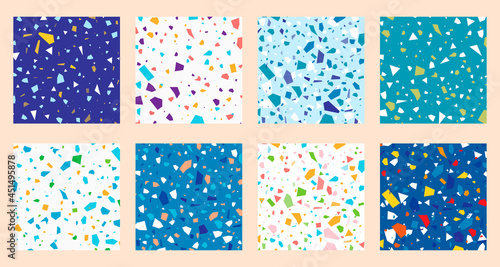 Set collection of colorful venetian terrazzo imitation seamless stone fragments pattern. Modern minimalistic trendy floor tile abstract background