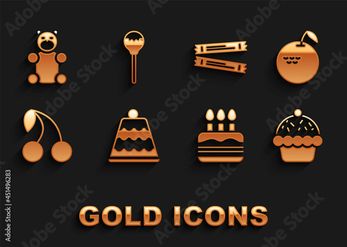 Set Cake, Apple, Cupcake, with burning candles, Cherry, Sugar stick packets, Jelly bear candy and Lollipop icon. Vector