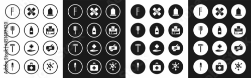 Set Condom, Bottle of liquid antibacterial soap, Hairbrush, Wet wipe pack, Crossed bandage plaster, Bar and Shaving razor icon. Vector