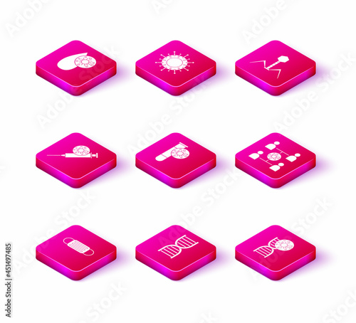 Set Medical protective mask, DNA symbol, Syringe and virus, Test tube with, Virus spread, Bacteria bacteriophage and icon. Vector