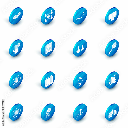 Set Virus spread, Ebola virus disease, DNA spiral and computer, Hand with, No handshake, Clipboard blood test results, under magnifying glass and Test tube flask icon. Vector