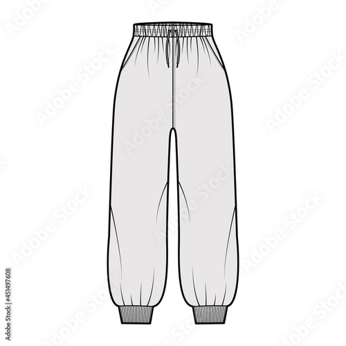 Shorts Sweatpants technical fashion illustration with elastic cuffs, normal waist, rise, drawstrings, midi ankle length. Flat joggers trousers template front, grey color. Women men unisex CAD mockup