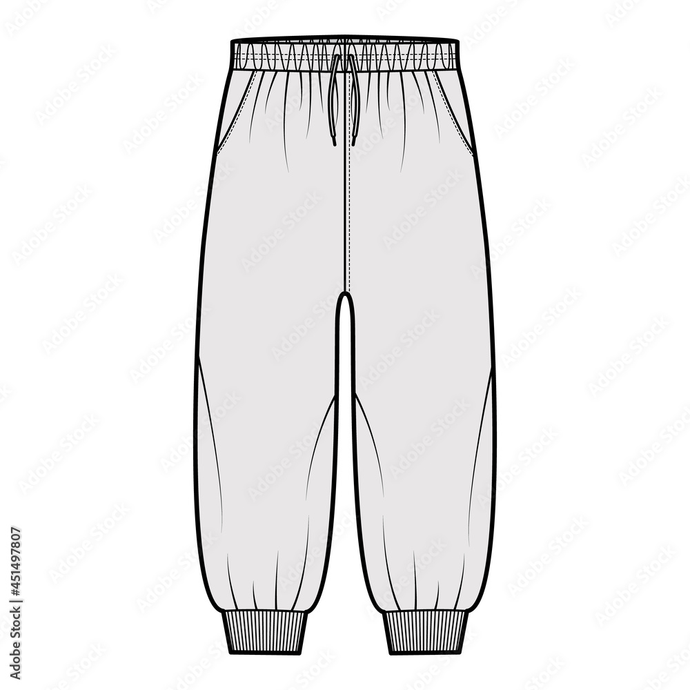 Shorts Sweatpants technical fashion illustration with elastic cuffs, low waist, rise, drawstrings, calf length. Flat joggers trousers apparel template front, grey color. Women men unisex CAD mockup Shorts Sweatpants technical fashion illustration with elastic cuffs, low waist, rise, drawstrings, calf length. Flat joggers trousers apparel template front, grey color. Women men unisex CAD mockup