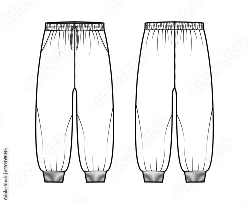 Shorts Sweatpants technical fashion illustration with elastic cuffs, low waist, rise, calf length. Flat training joggers trousers apparel template front, back, white color. Women men unisex CAD mockup