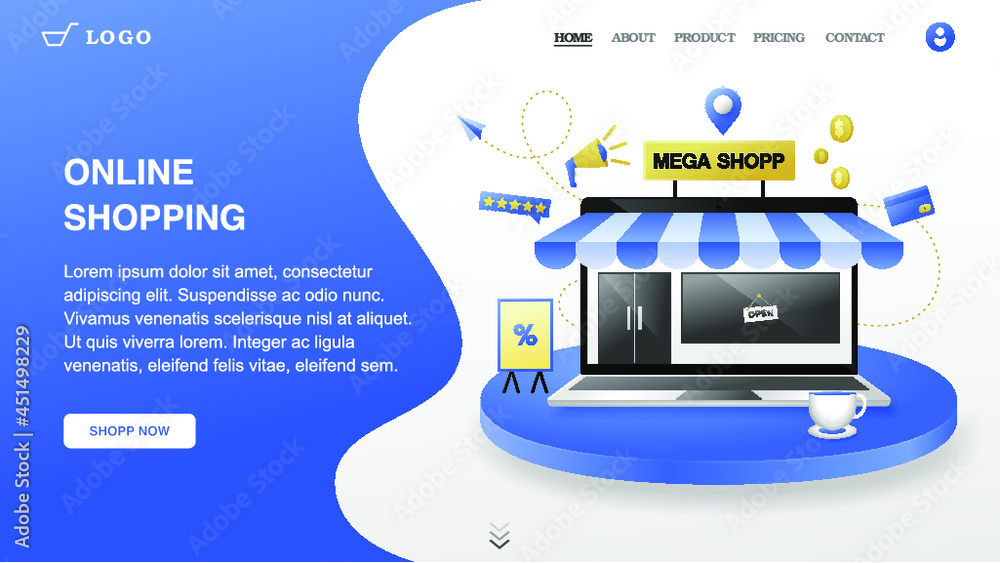 Online shop landing page design modern vector illustration blue and white color Online shop landing page design modern vector illustration blue and white color